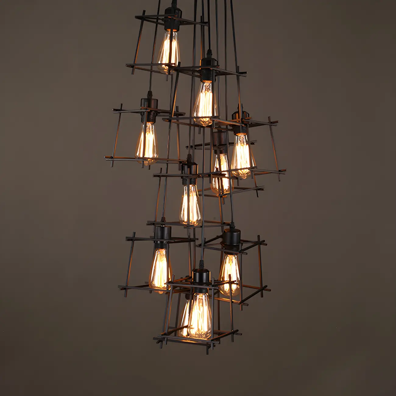 Large 10-Light Black Caged Industrial Pendant Chandelier