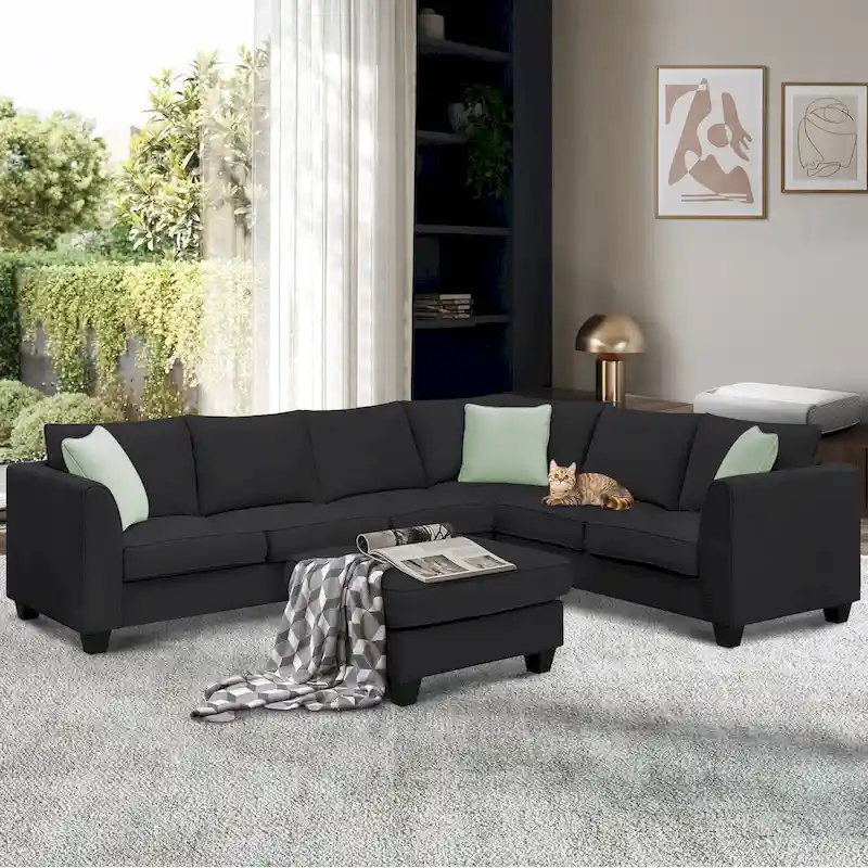 L-Shaped 7-Seats Modular Sectional Sofa with Ottoman with 3 Pillows