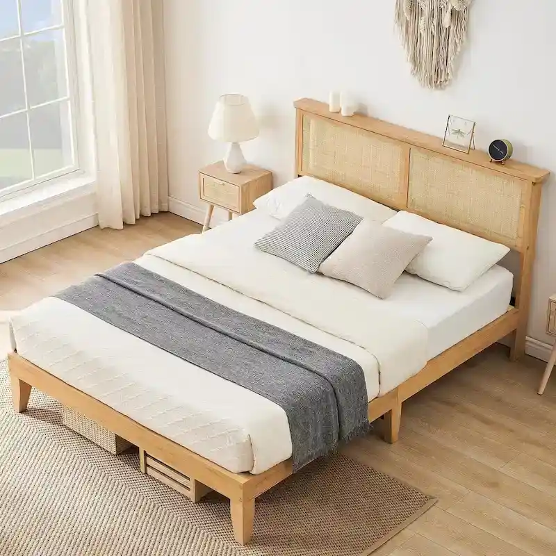 Bed Frame with Natural Rattan