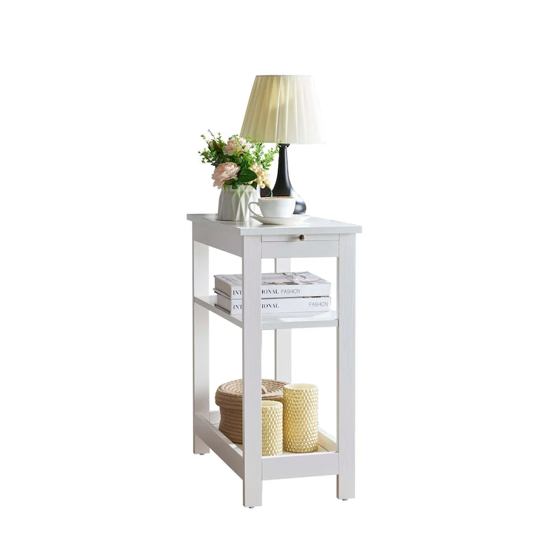 Slim Side End Table with Storage Shelves & Pull-Out Tray, White