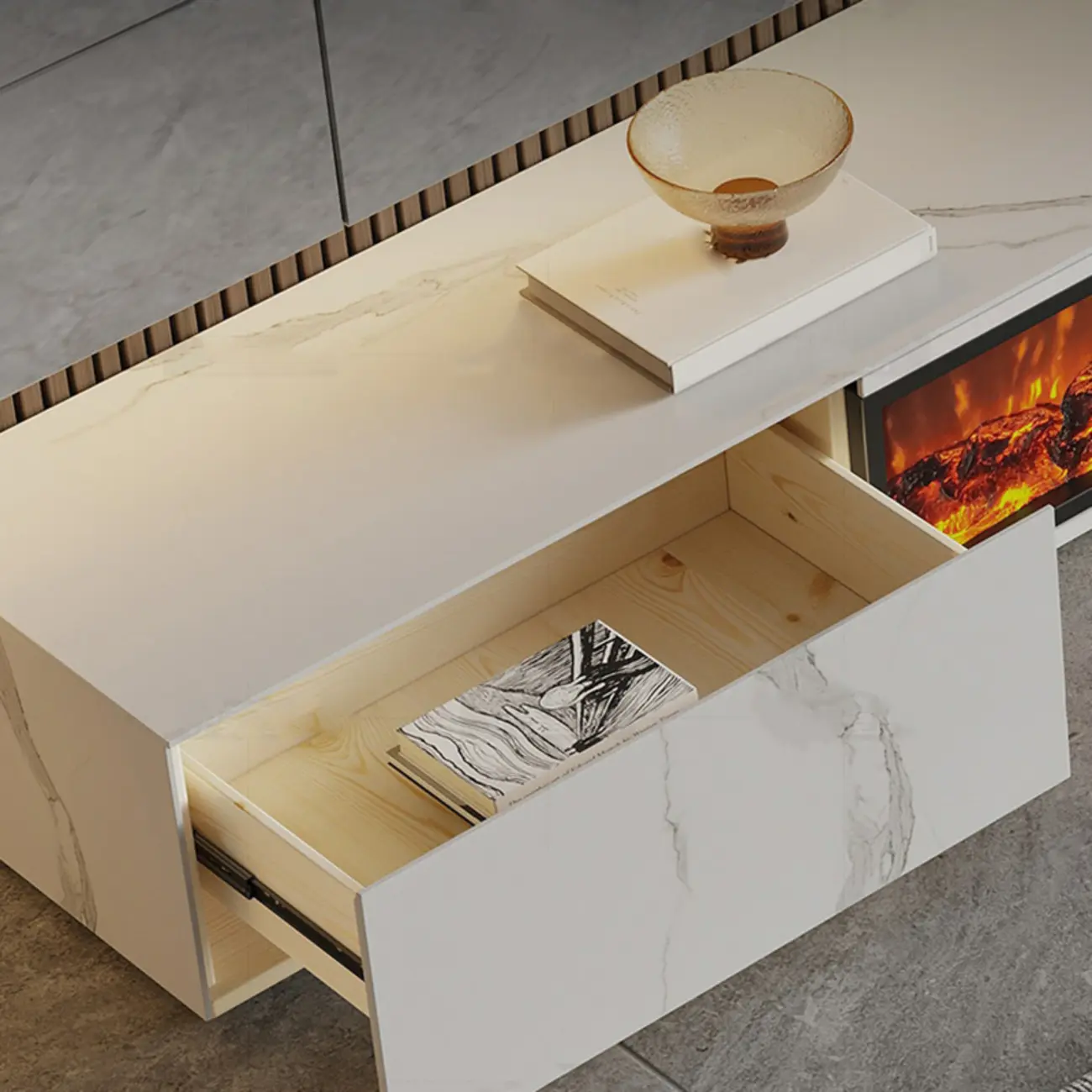 87 Rectangle Black Electric Fireplace Stone TV Stand with Light