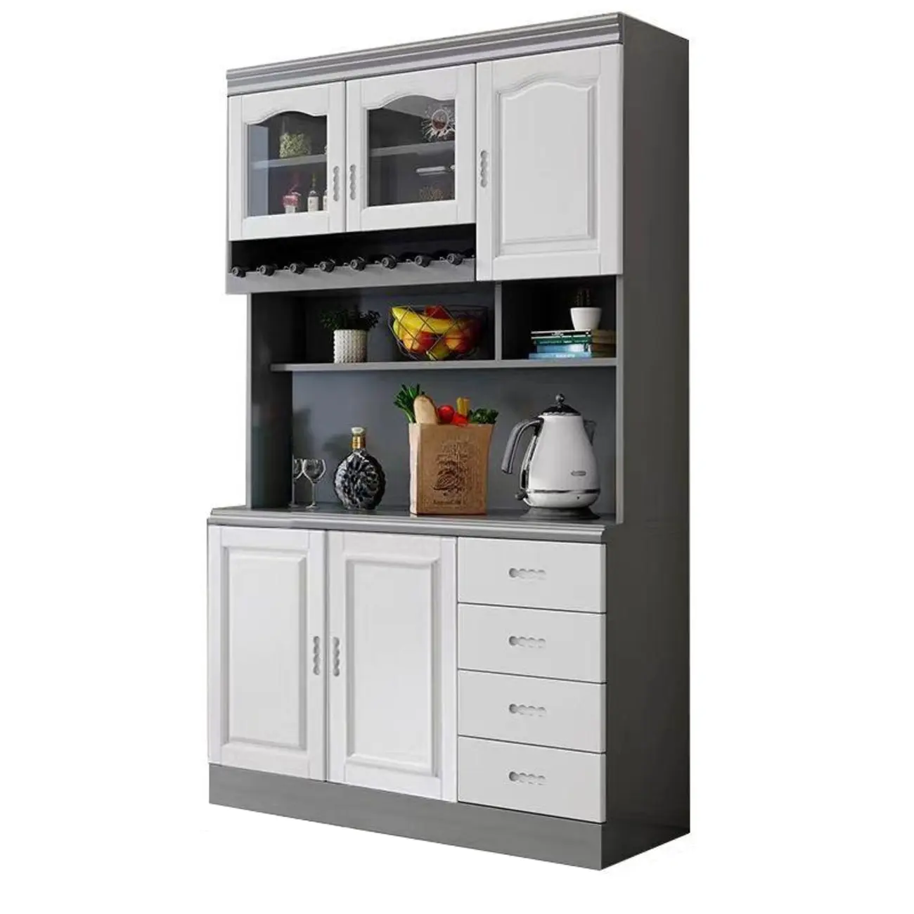 Kitchen Wooden White Cabinet Sideboard Built-in Wine Rack