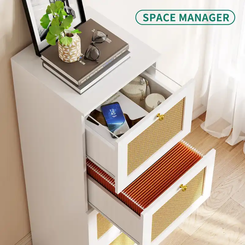Moasis 15-inch Deep 4 Drawers Rattan Vertical File Cabinet with Lock