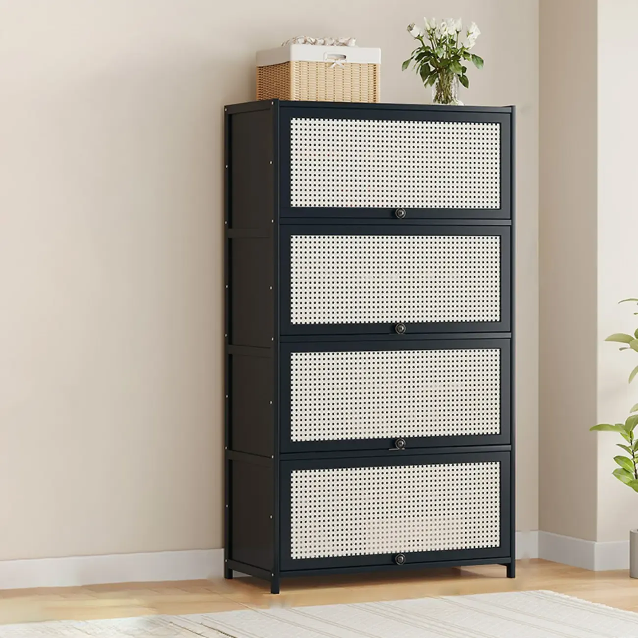 Modern Black Bamboo Shoe Cabinet with Rattan Panels