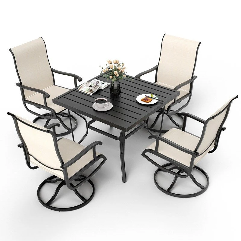 5-Piece Metal Outdoor Patio Dining Set with Square Table and Textilene Swivel Chairs