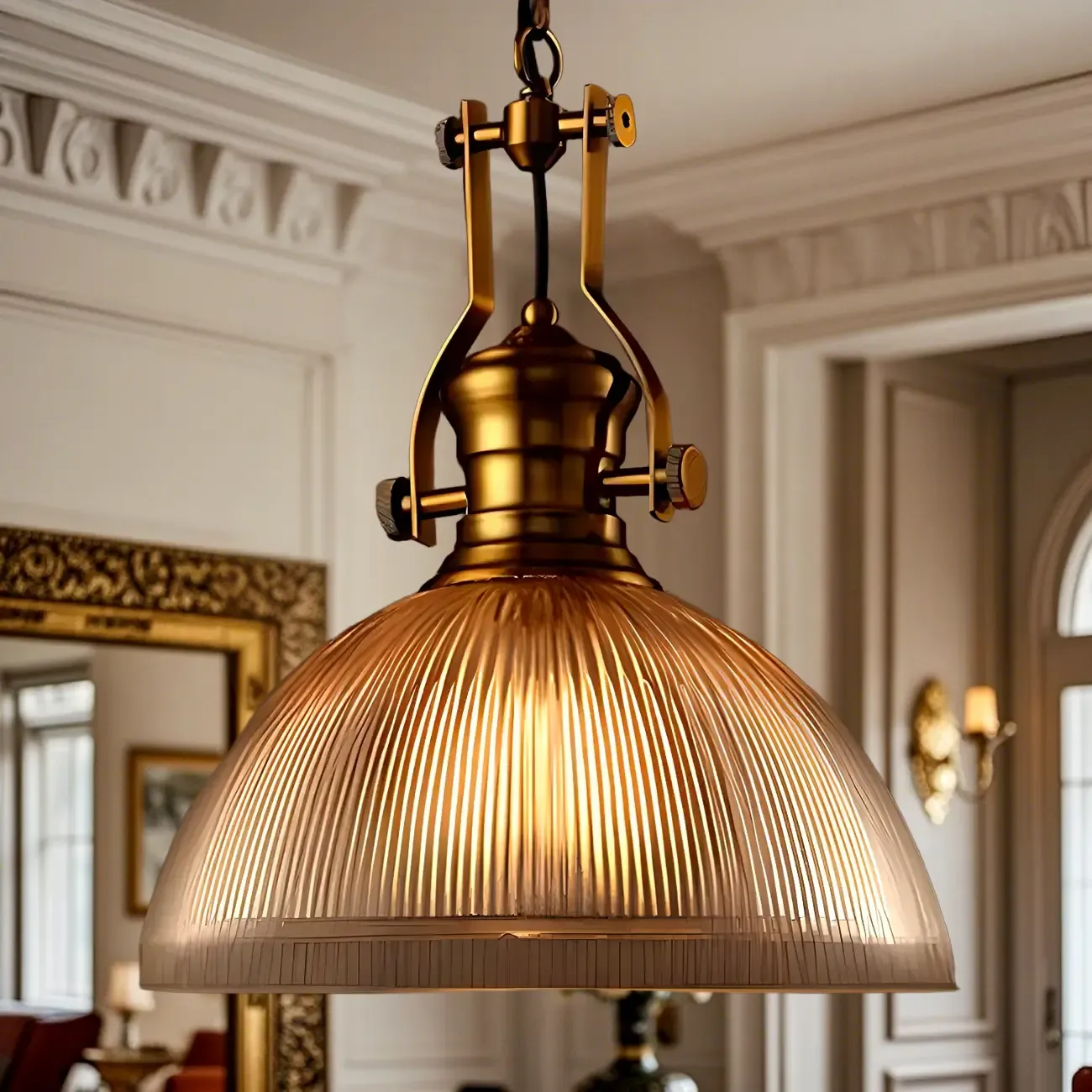 Industrial Amber Stripe Glass Dome Pendant Lamp for Indoor Use