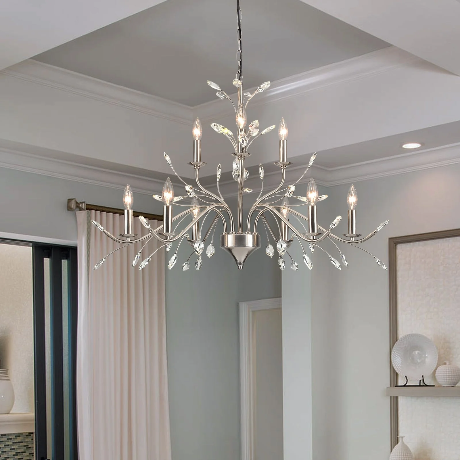 Farmhouse Retro Tree Branch Crystal Chandelier Candle-Style Pendant Light