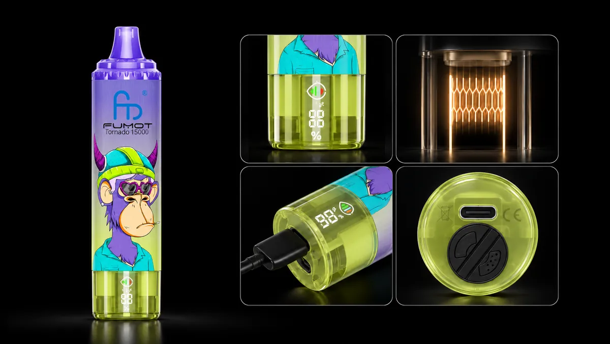 FUMOT Tornado 15000 Vimto – Detailansichten von Display, Heizsystem, USB-C-Anschluss und Luftregulierung