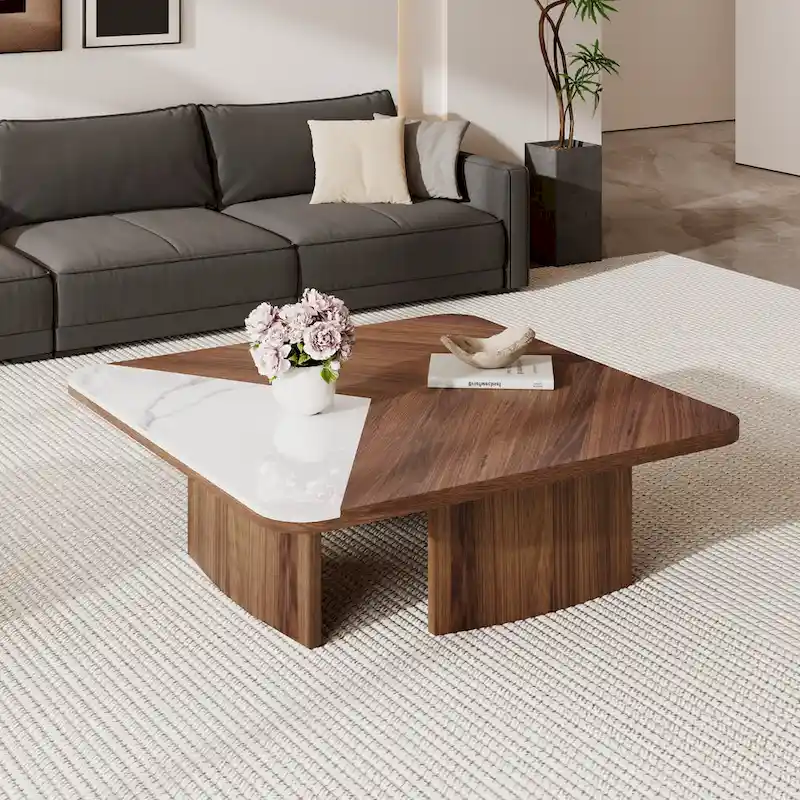 Modern 35.43 Square Coffee Table, Solid Wood Veneer with White Sintered Stone Table Top