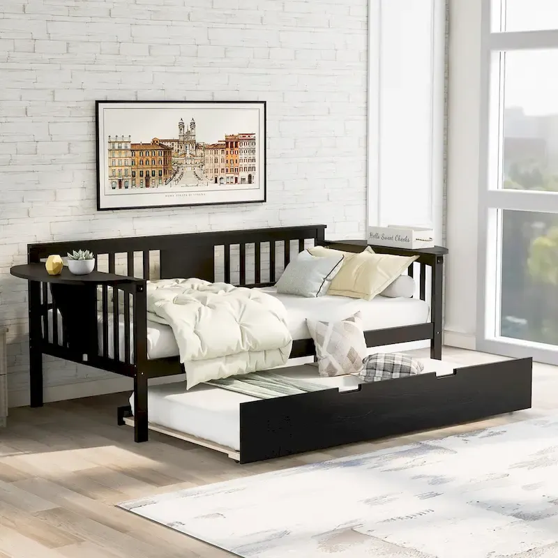 Twin Wooden Daybed with Trundle Bed, Sofa Bed for Bedroom or Living Room