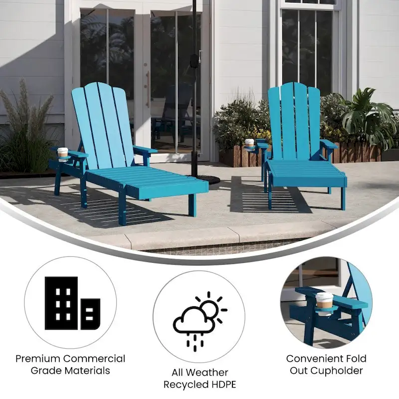 Set of 2 All-Weather Commercial Adjustable Lounge Chairs with Cupholders
