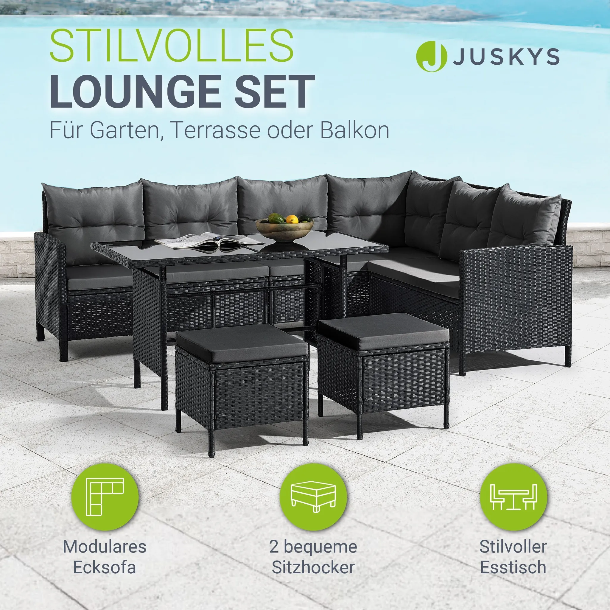 Modern outdoor lounge set with sofa and ottomans