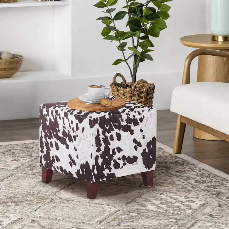 Adeco British Style Cow Print Cube Ottoman Home Bench Classy Footstool