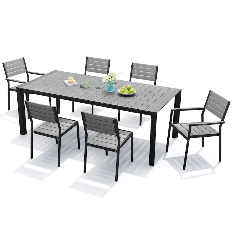 7-Piece Patio Dining Set Aluminum Dining Table with Umbrella Hole and Stackable Chairs