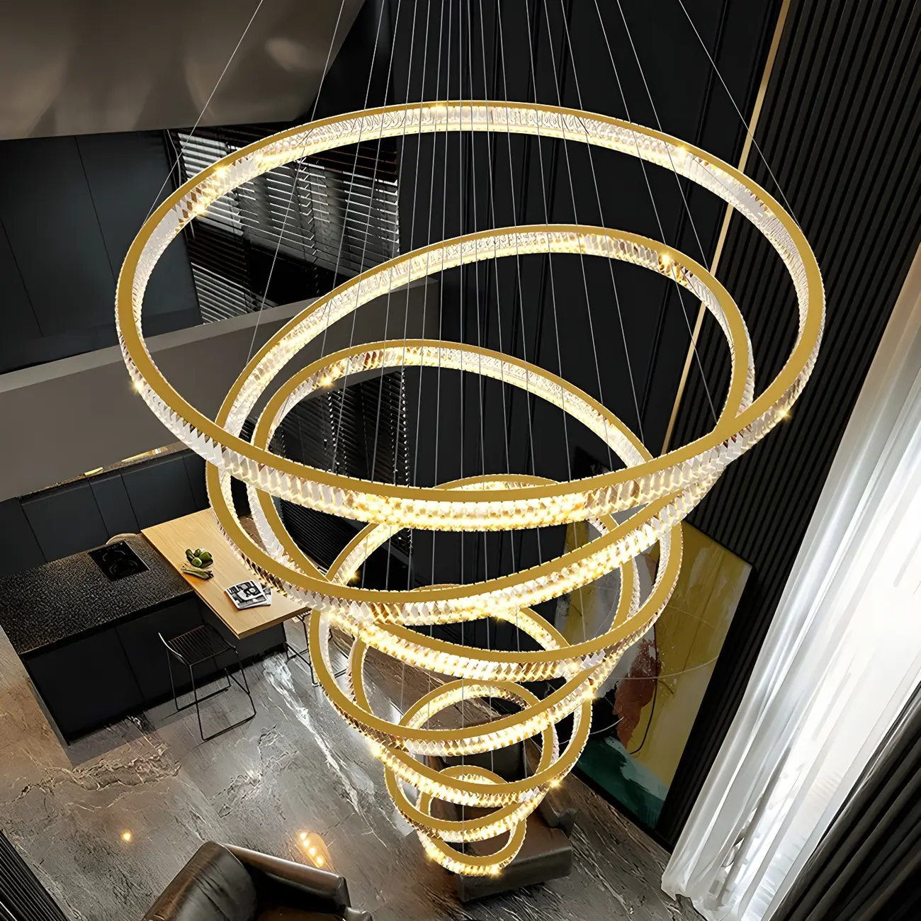 Gold Spiral Ring Crystal Tier Chandelier Modern Remote LED