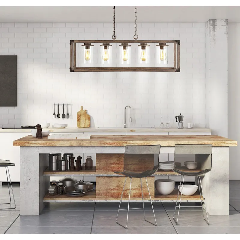 Darlene 36  5-Light Linear Adjustable Iron/Seeded Glass Rustic Farmhouse LED Pendant, Brown by JONATHAN Y