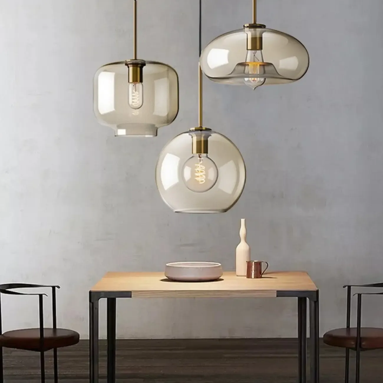 Simplistic Glass and Metal Cognac Globe Hanging Pendant Light