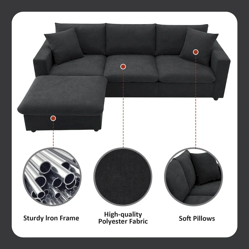 Modern 4-Seat L-Shaped Sectional Sofa, with 2 Free pillows, Convertible Ottoman