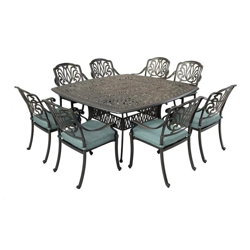 Saratoga 9-piece Gun Metal Aluminum Square Dining Set with 8 Cushioned Arm Dining Chairs
