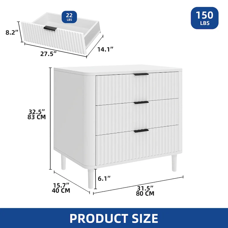 Moasis Modern Fluted 3-Drawer Dresser Chest of Drawers Natural Oak