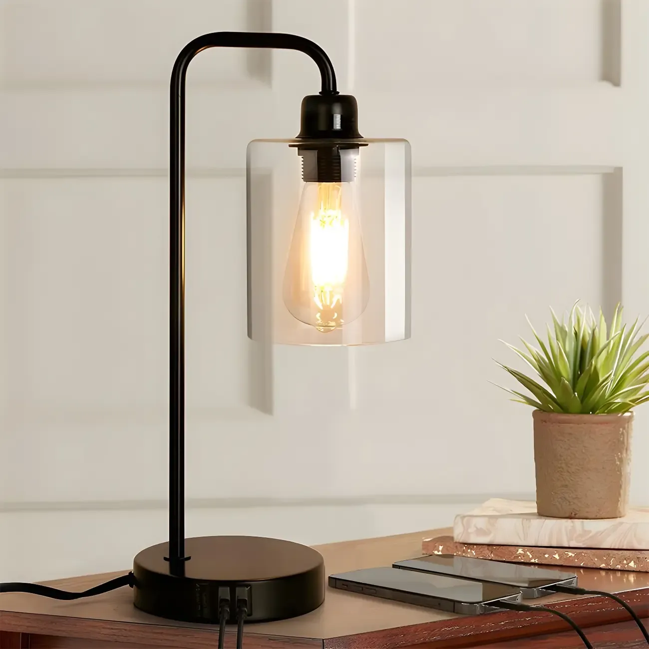 Simple Black Metal Glass Barrel Table Lamp with Touch Switch