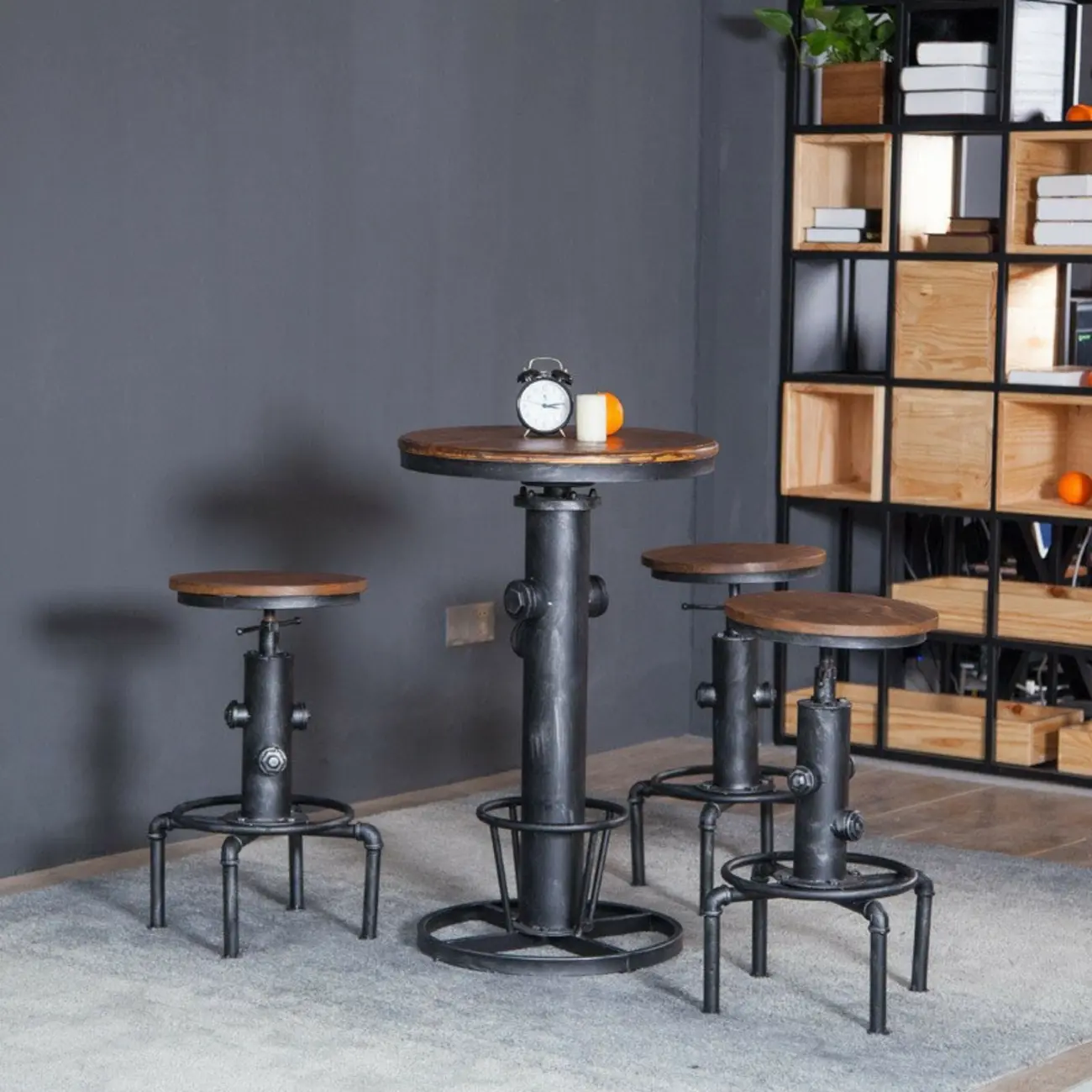 Adjustable Height Industrial Wood Metal Round Bar Table
