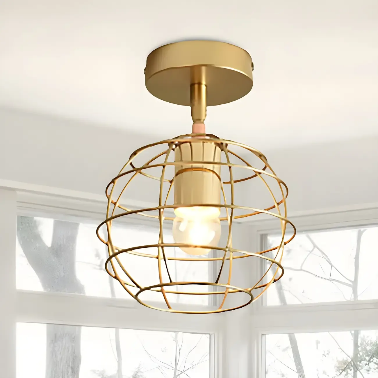 Industrial Brass Dome Semi Flush Metal Ceiling Light