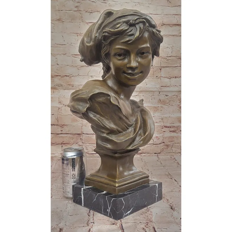 Charming Smiling Boy Bronze Bust Sculpture With Marble Base By Dalou