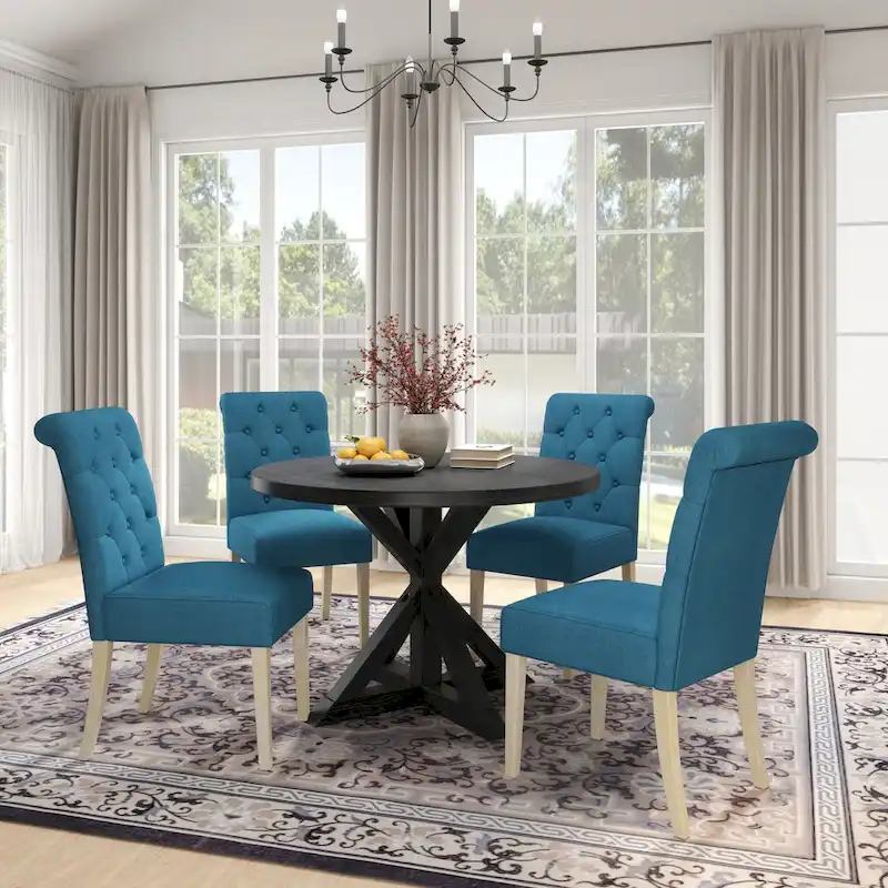 Roundhill Furniture Banff 5-Piece Round Dining Set, Cross-Buck Round Table with 4 Tufted Chairs
