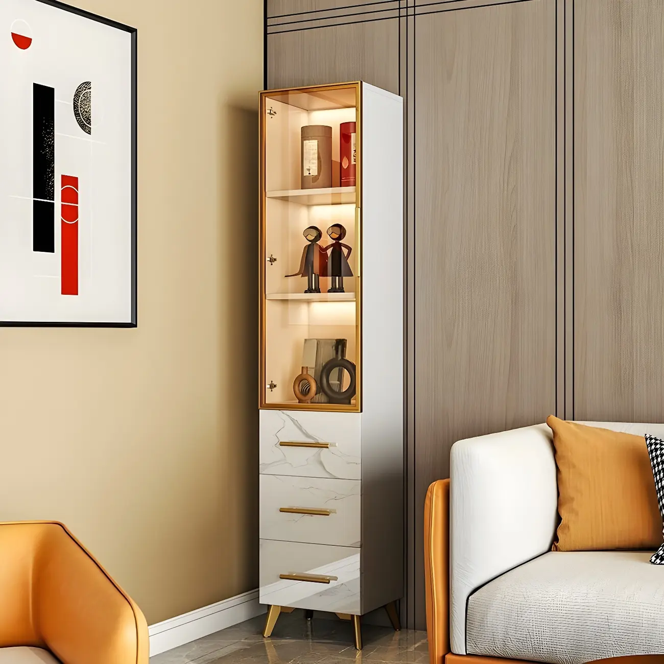 Modern Marble-Textured Wood Glass Display Storage Cabinet