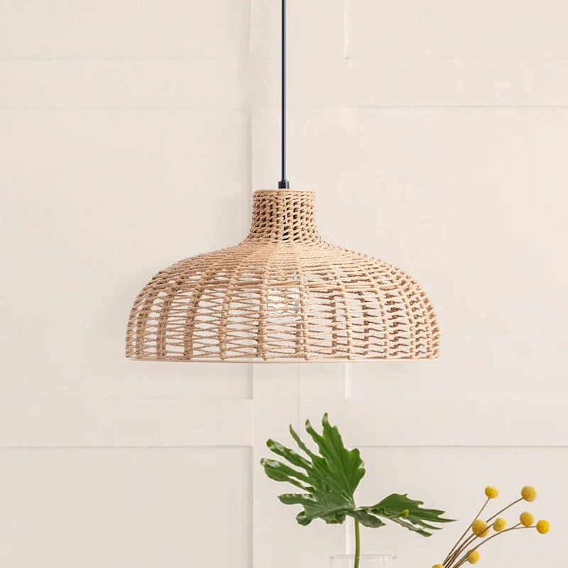 CO-Z Boho Handwoven Hemp Rope Dome Pendant Light Fixture - Tan
