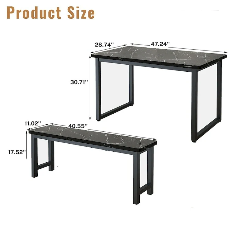 3-Piece Industrial Style Dining Table & Bench, Marble Veneer