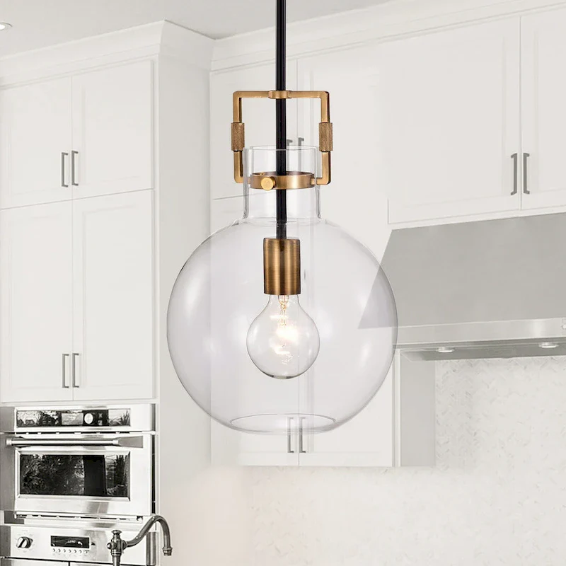 Black and Antique Gold 1-Light 10 Inch Globe Shaped Clear Glass Pendant