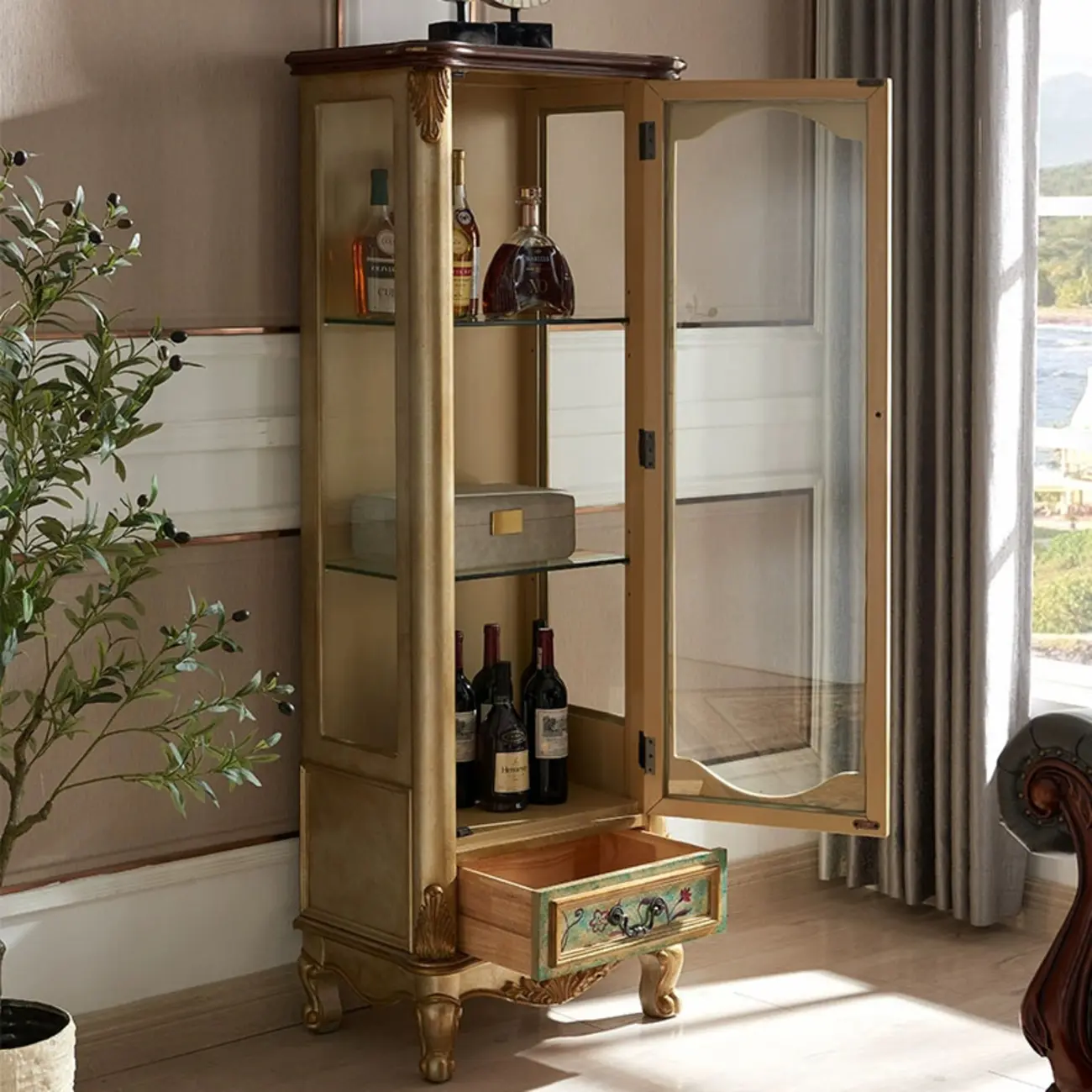 Traditional Tall Wood Blue Glass Shelf Display Cabinet