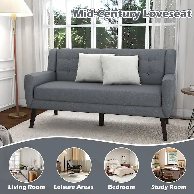 Modern Curved 63 Button Tufted Upholstered Loveseat with 2 Pillows