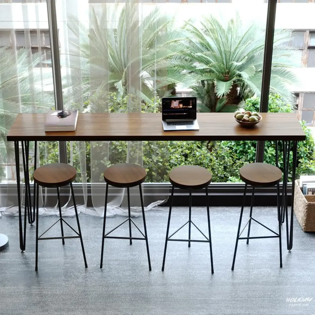 Modern brown wood and metal bar table