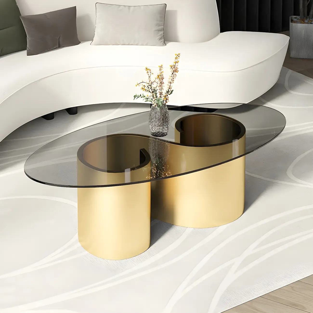 Modern Oval Glass Top Metal Base Coffee Table