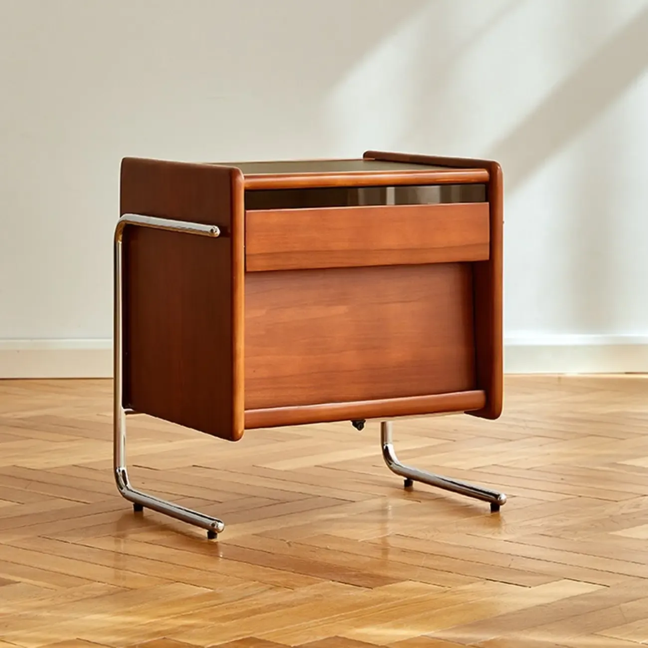 Narrow Mid-Century Modern Brown Wood Nightstand with Drawers