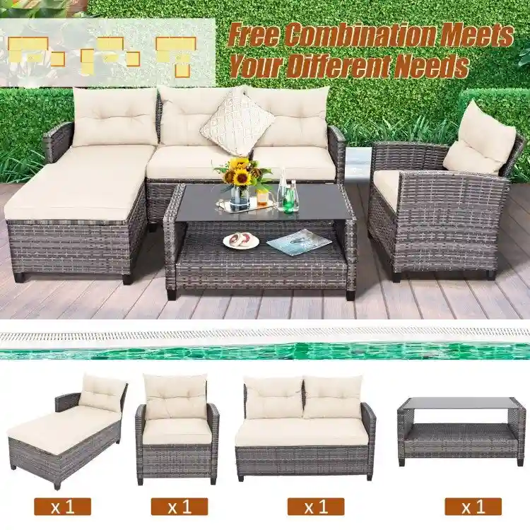 4 Pieces Patio Rattan Furniture Set with Cushion and Table Shelf - 27.5 x 47 x 30 (L x W x H)