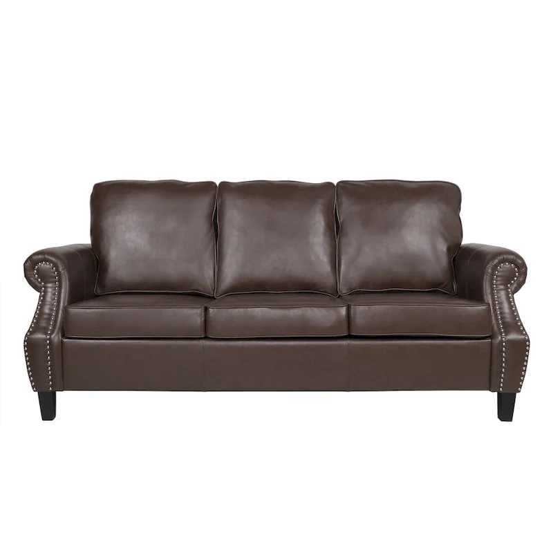 80 Modern Faux Leather 3-Seater Sofa with Birch Legs and Nailheads