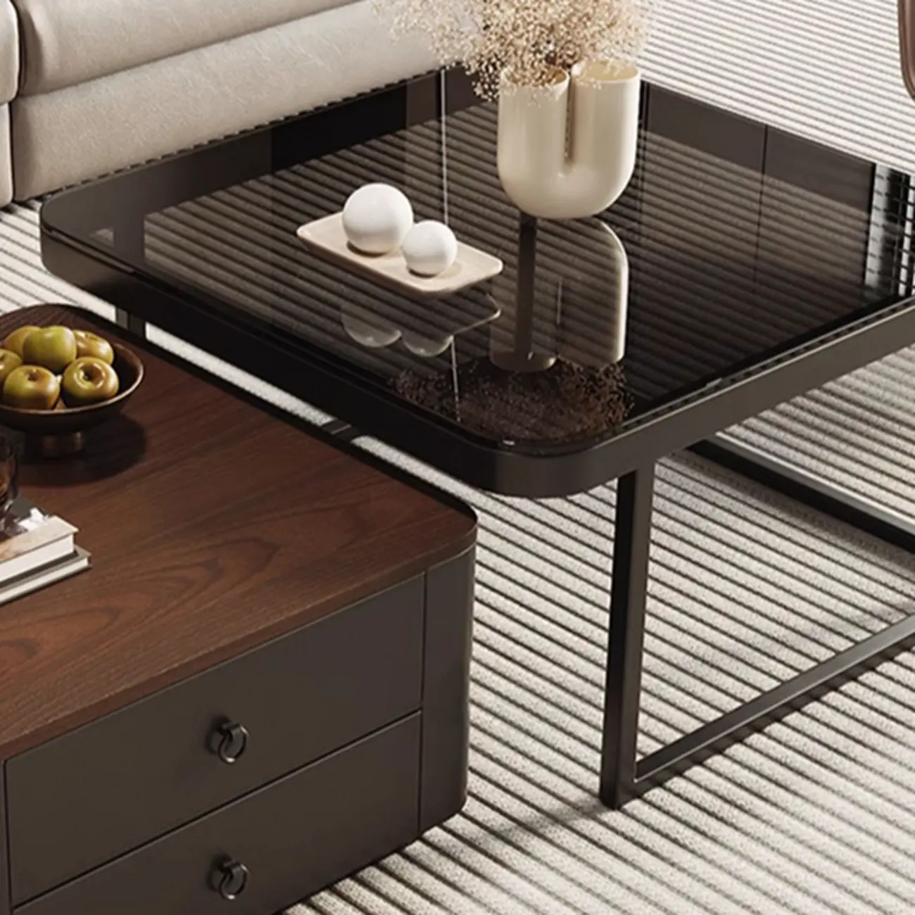 Modern Square Wood Stone Nesting Coffee Table