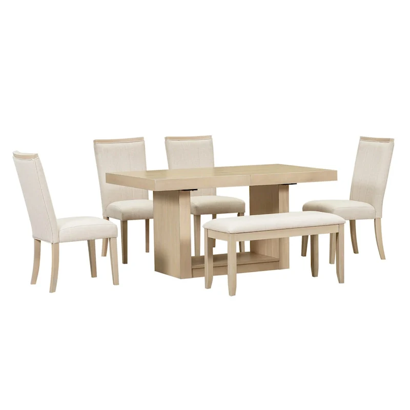 6-Piece 78inch Extendable Pedestal Dining Table Set with 18inch Removable Leaf and Dining Bench, 4 Upholstered Dining Chairs