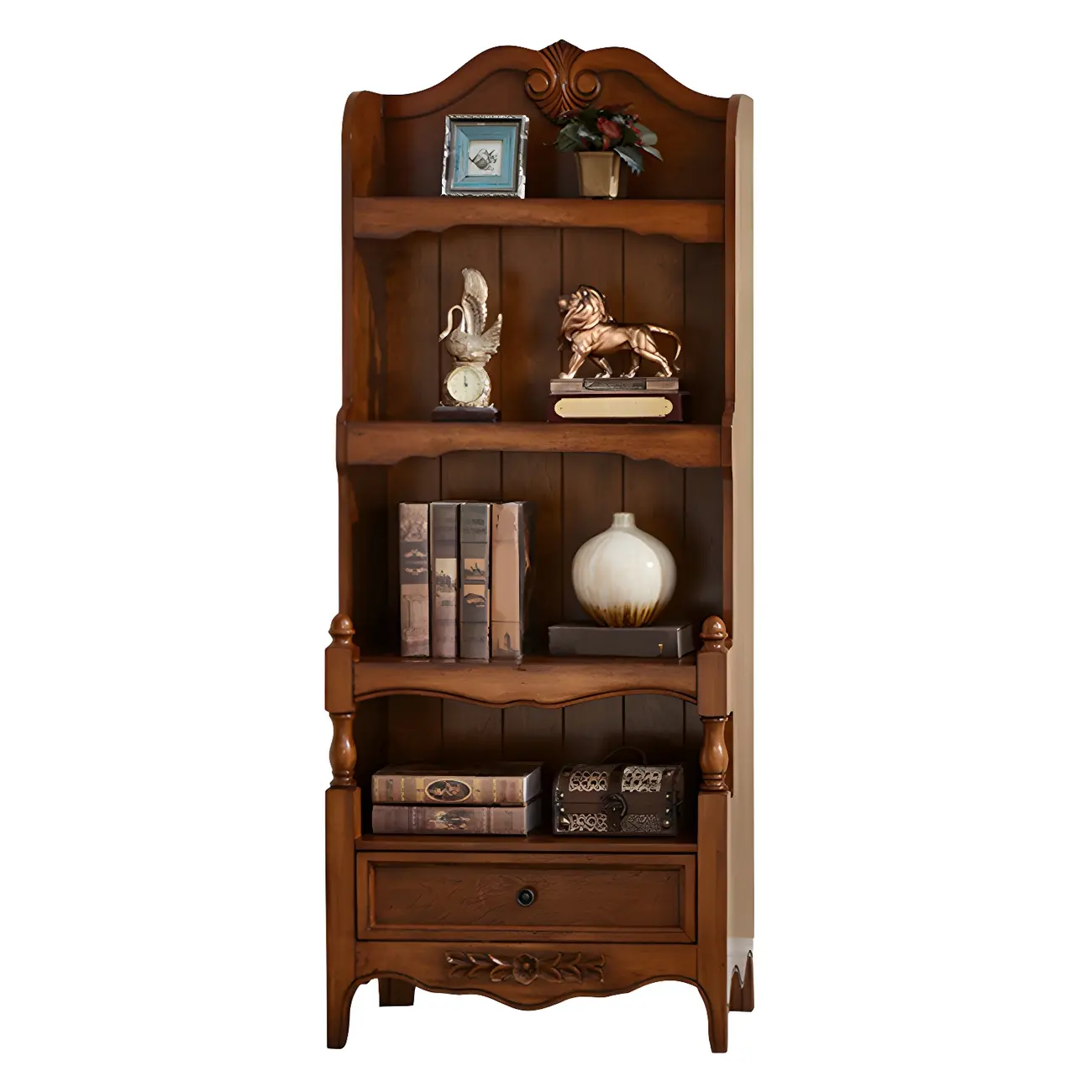 Traditional Wood 3-Shelf Brown Bookcase with Drawer