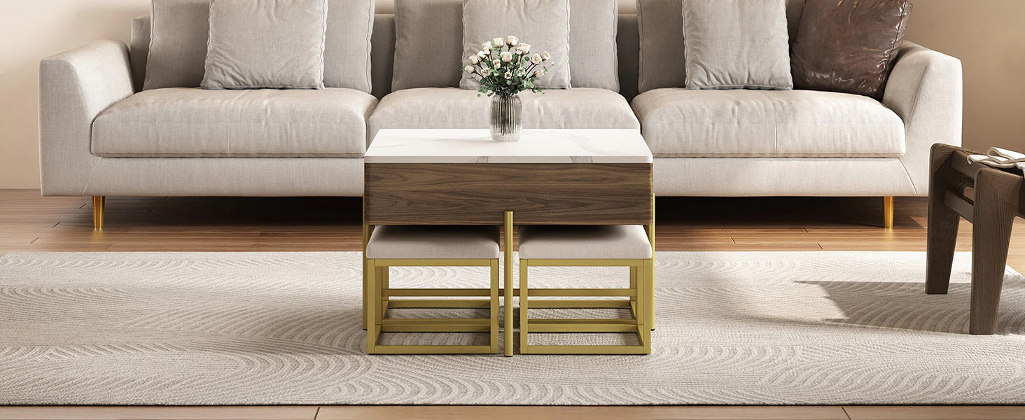 Walker Edison | Modern Square Lift-Top Coffee Table Set with 4 Ottomans