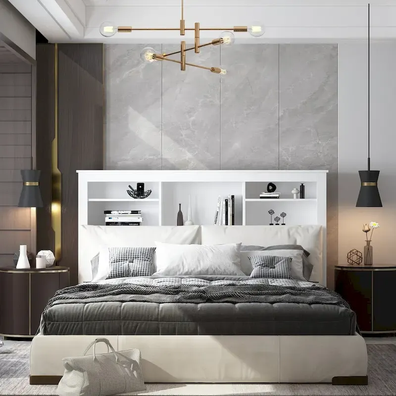 65Timechee Queen Bookcase Headboard RGB Light Adjustable Shelf