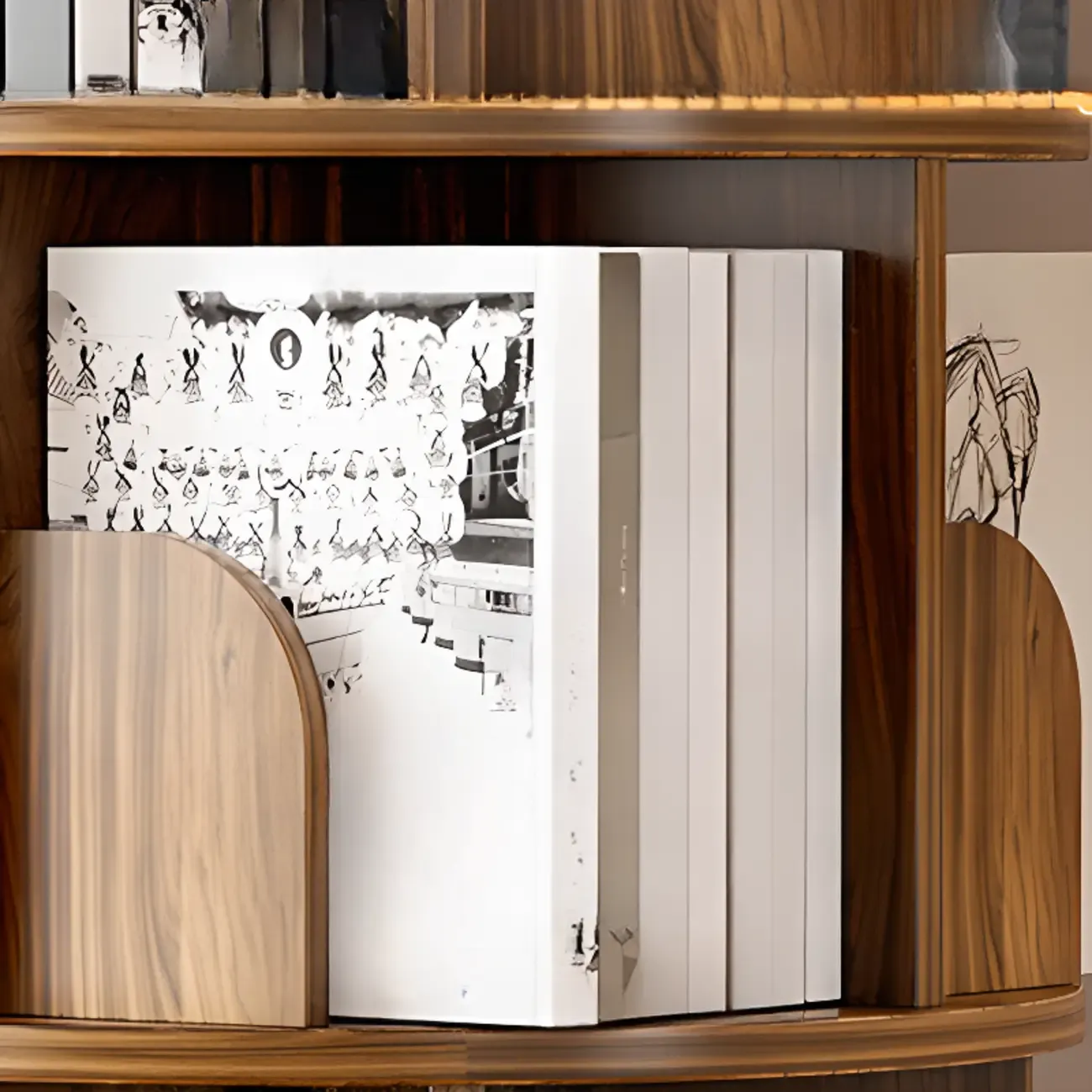 Narrow Wood 5-Tier Revolver Sliding Bookcase with Drawer