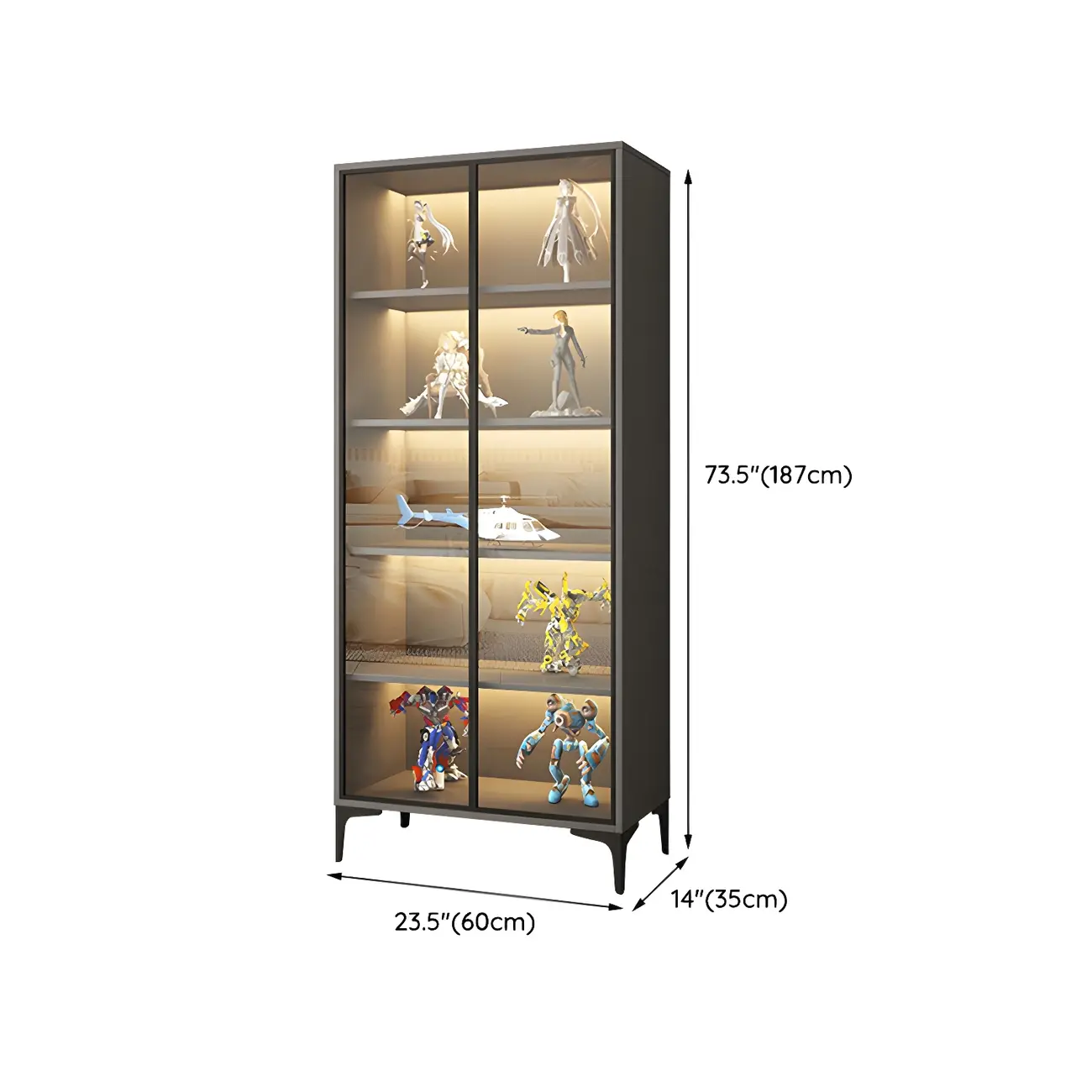Freestanding Black Tempered Glass Wood Display Cabinet