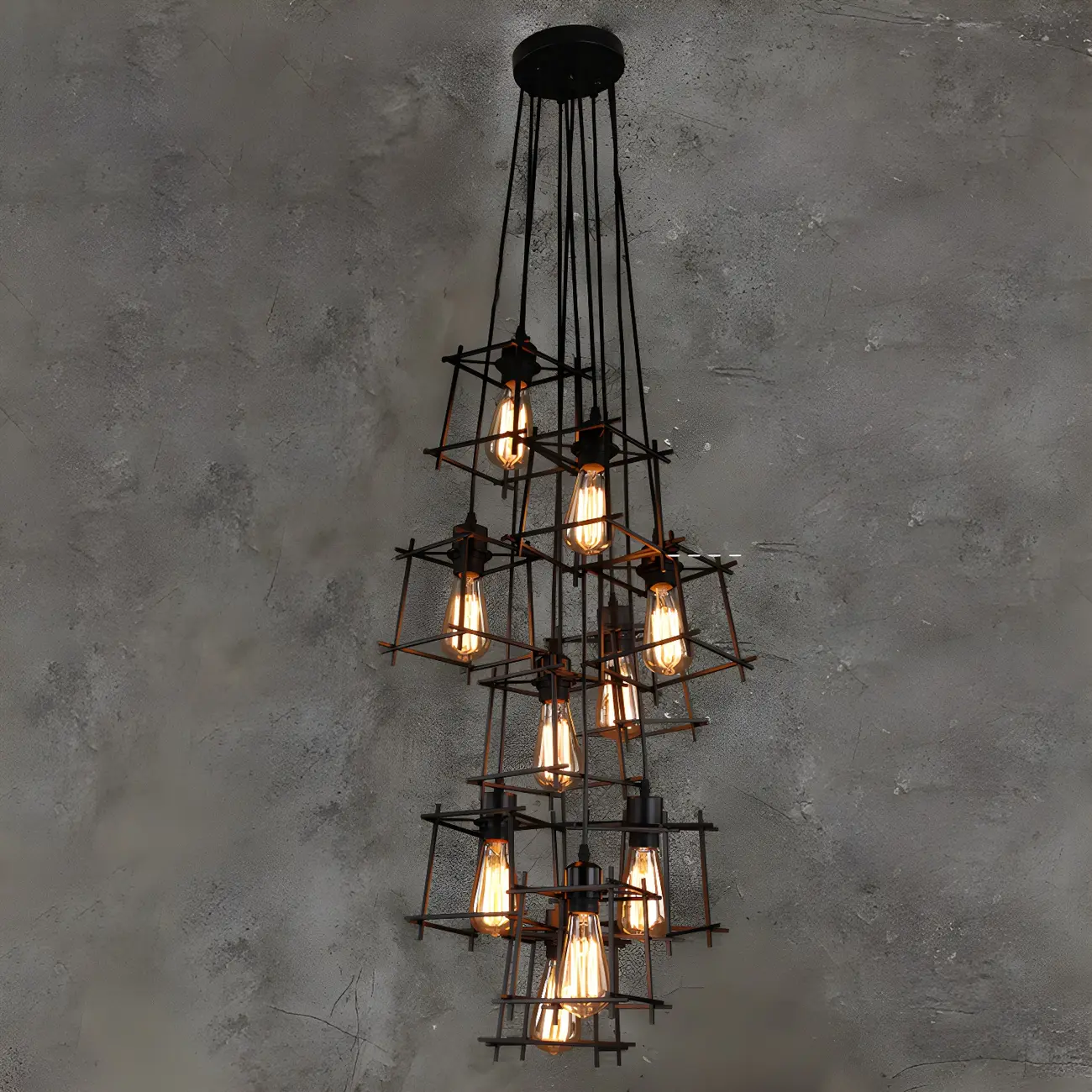 Large 10-Light Black Caged Industrial Pendant Chandelier