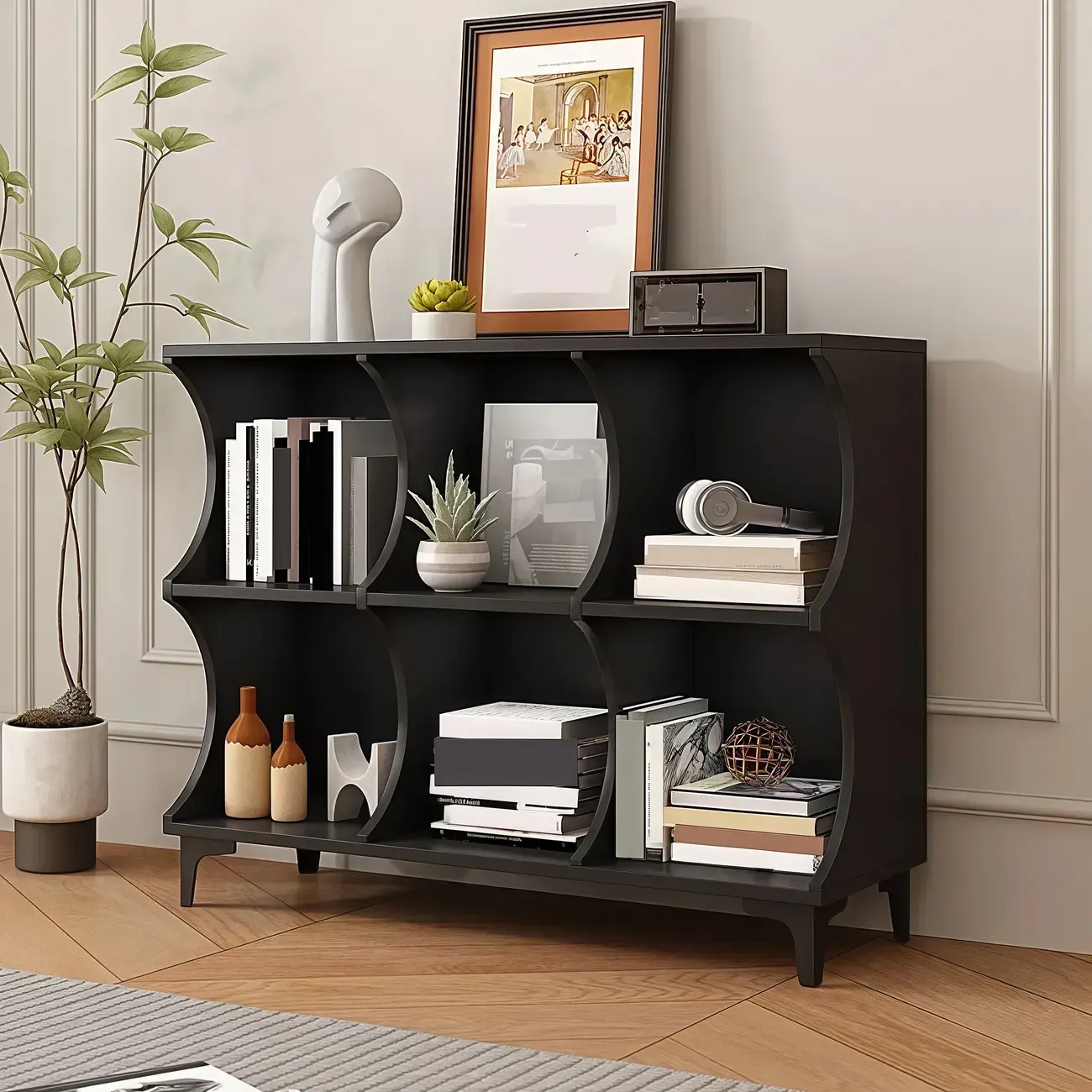 Modern Black Wooden 2-Tier Modular Cube Bookcase