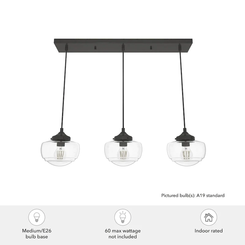 Hunter Saddle Creek 3-Light Linear Cluster Pendant - Kitchen Island, Dining Room - Modern Schoolhouse, Transitional